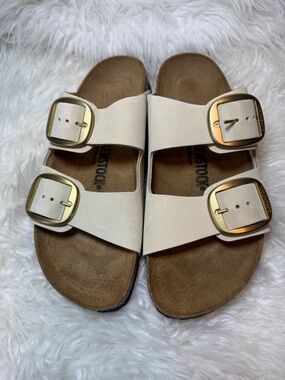 Birkenstock Arizona Sandals in Cream with Gold Buckles